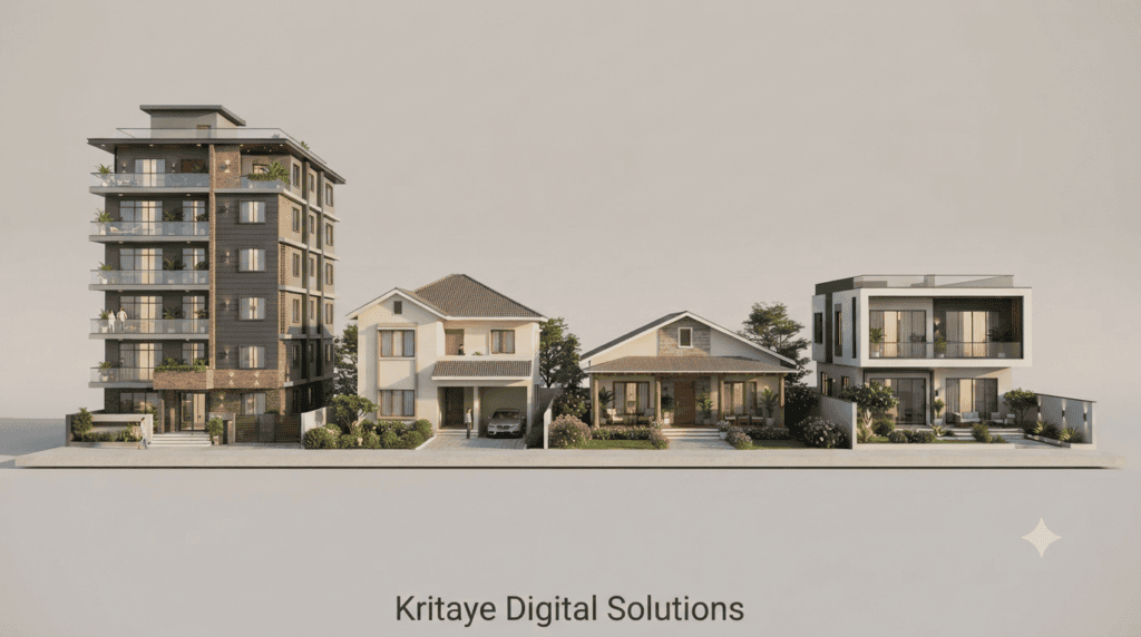 Illustration comparing an apartment building, an independent house, a bungalow and a villa