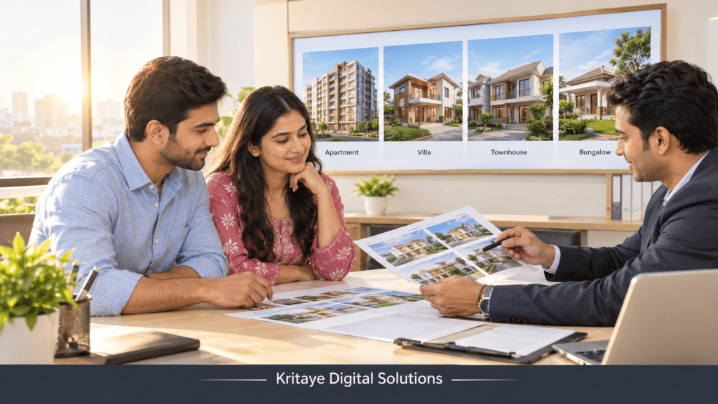 Couple going through property documents with an adviser at an office desk