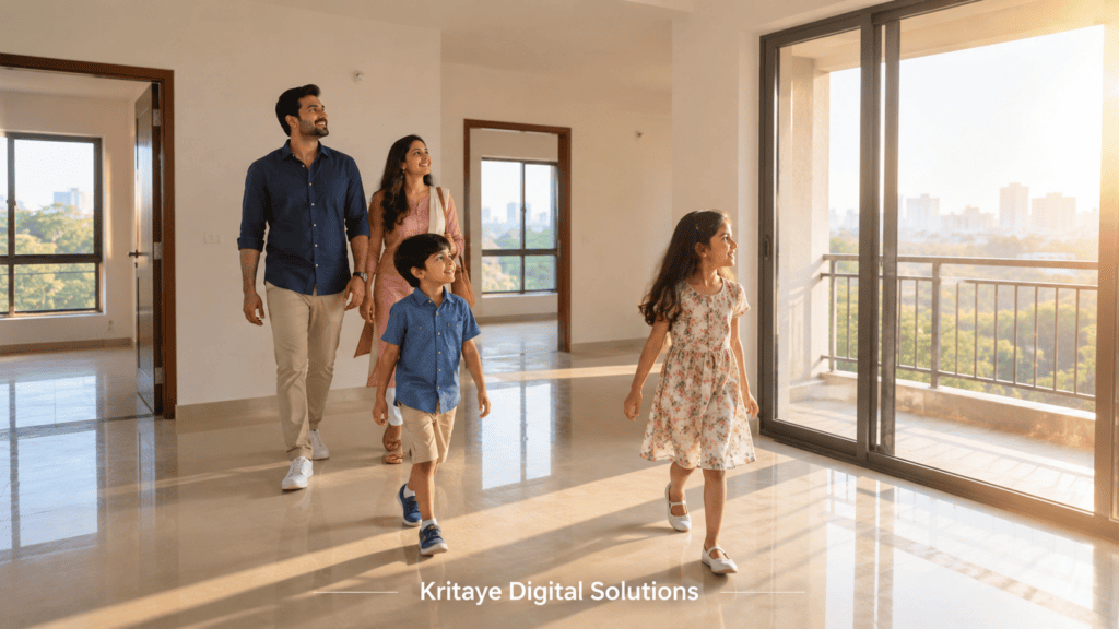 Indian family walking through an empty bright flat during a property visit