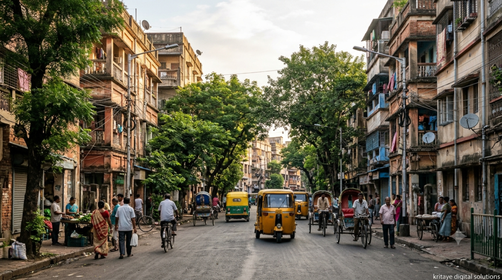 Mid-rise apartment buildings and tree-lined road in a residential neighbourhood of Kolkata